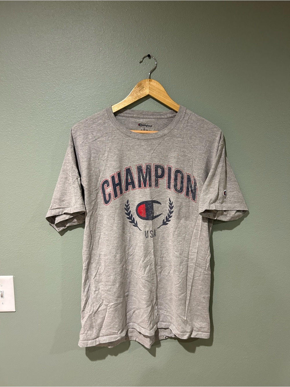 Champion Gray Graphic Crewneck Tee with Arch Logo